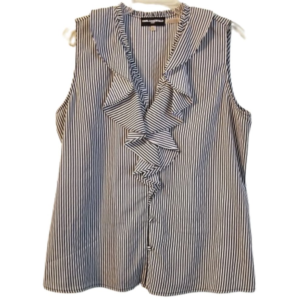 Karl Lagerfeld PXL Striped Ruffle Front Sleeveless blouse
